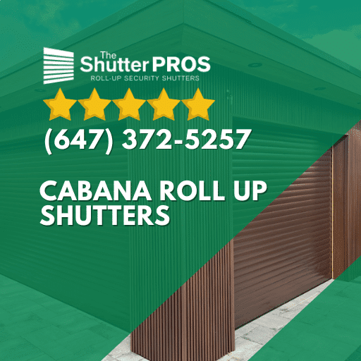 White roll-up shutters open on a backyard cabana with outdoor seating