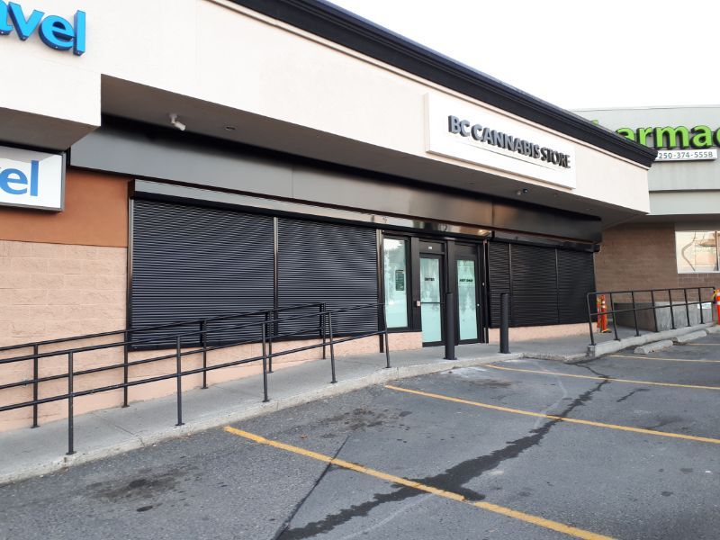 Security shutters protecting a cannabis storefront entrance