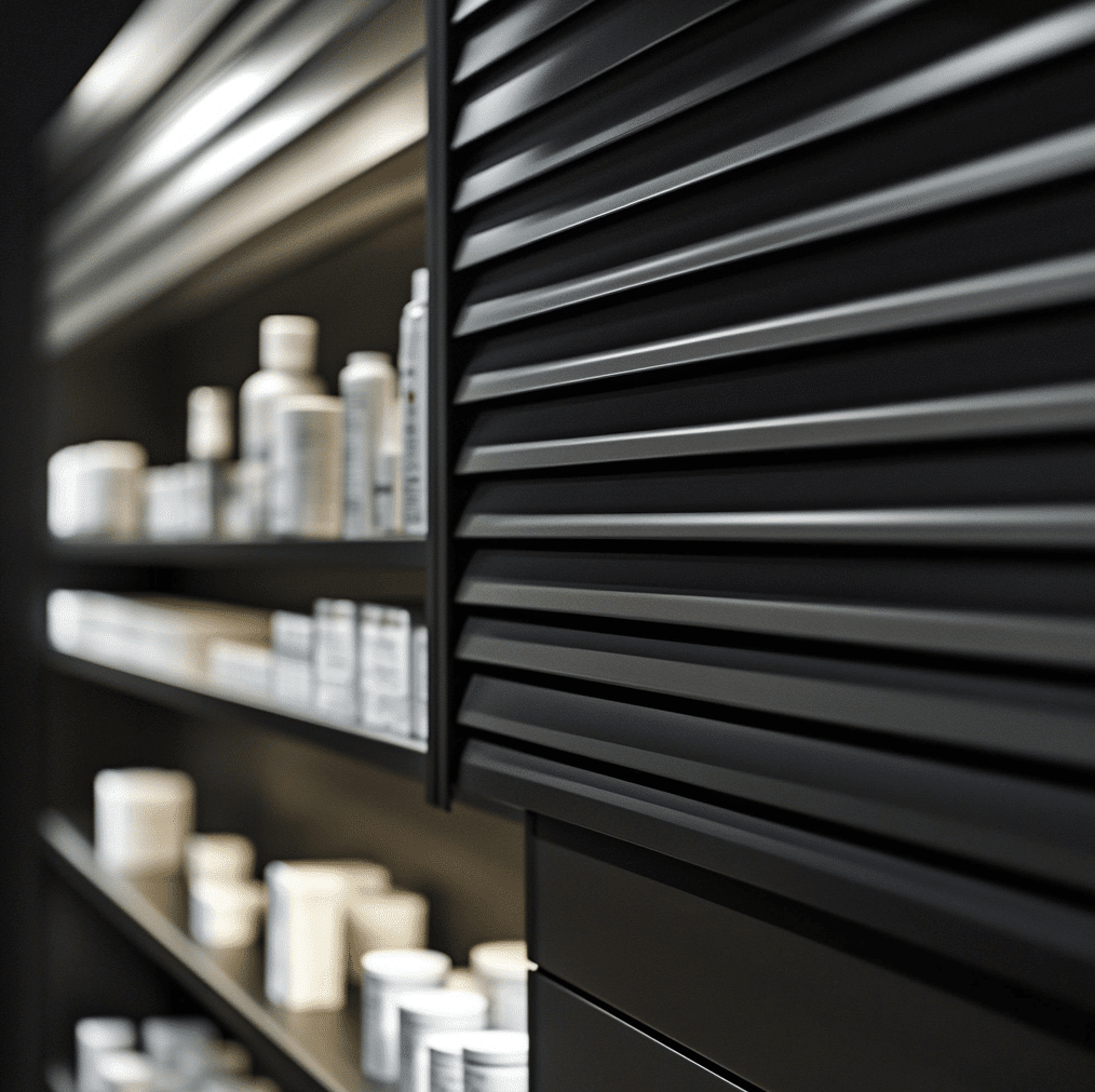 Commercial roller shutter grille protecting a pharmacy entrance