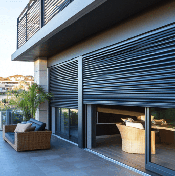Dark roll-up shutters partly raised over sliding patio doors on a modern home