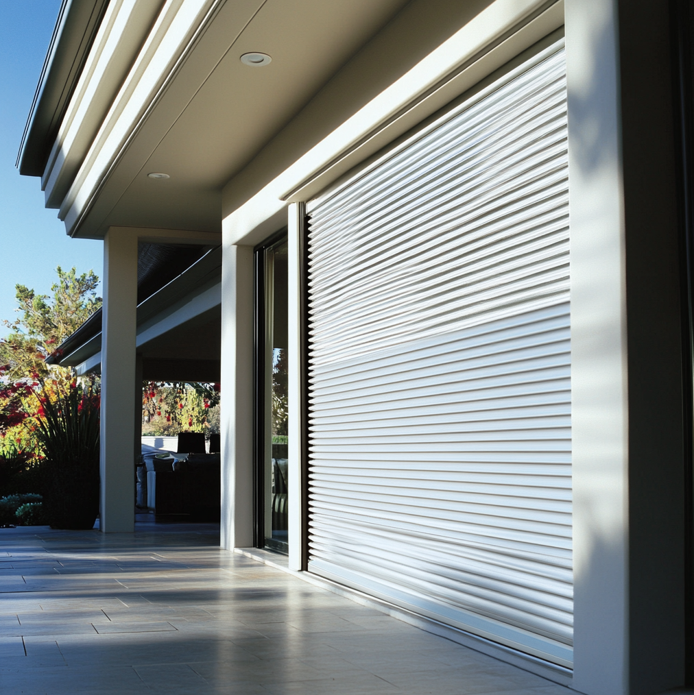 White roll-up shutter partly lowered over a sliding patio door on a modern home