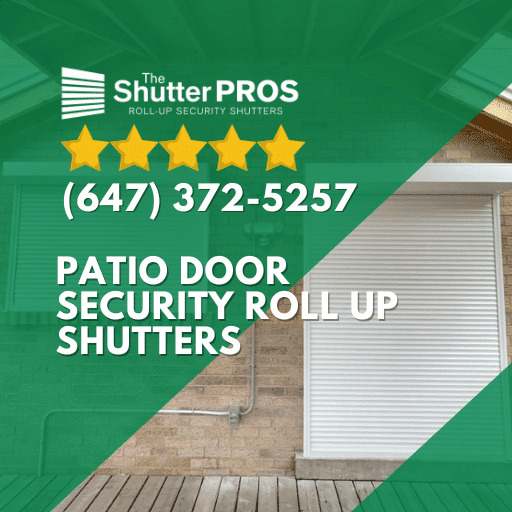 Roll-up security shutter partially open over a glass patio door