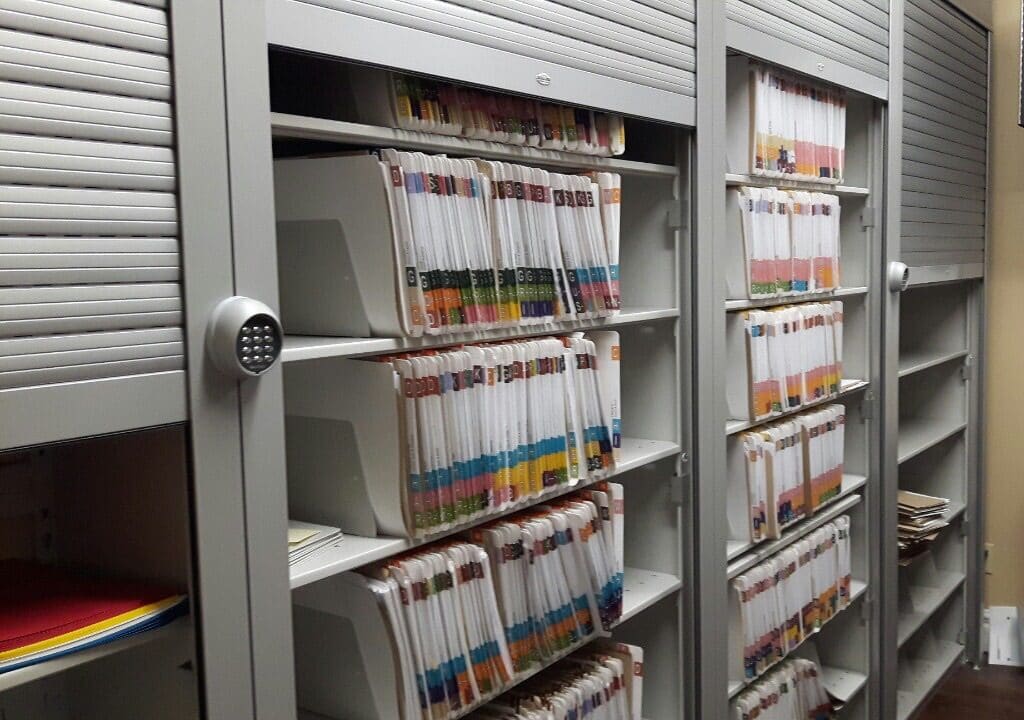 Roll-up security shutter installed on a commercial storage cabinet