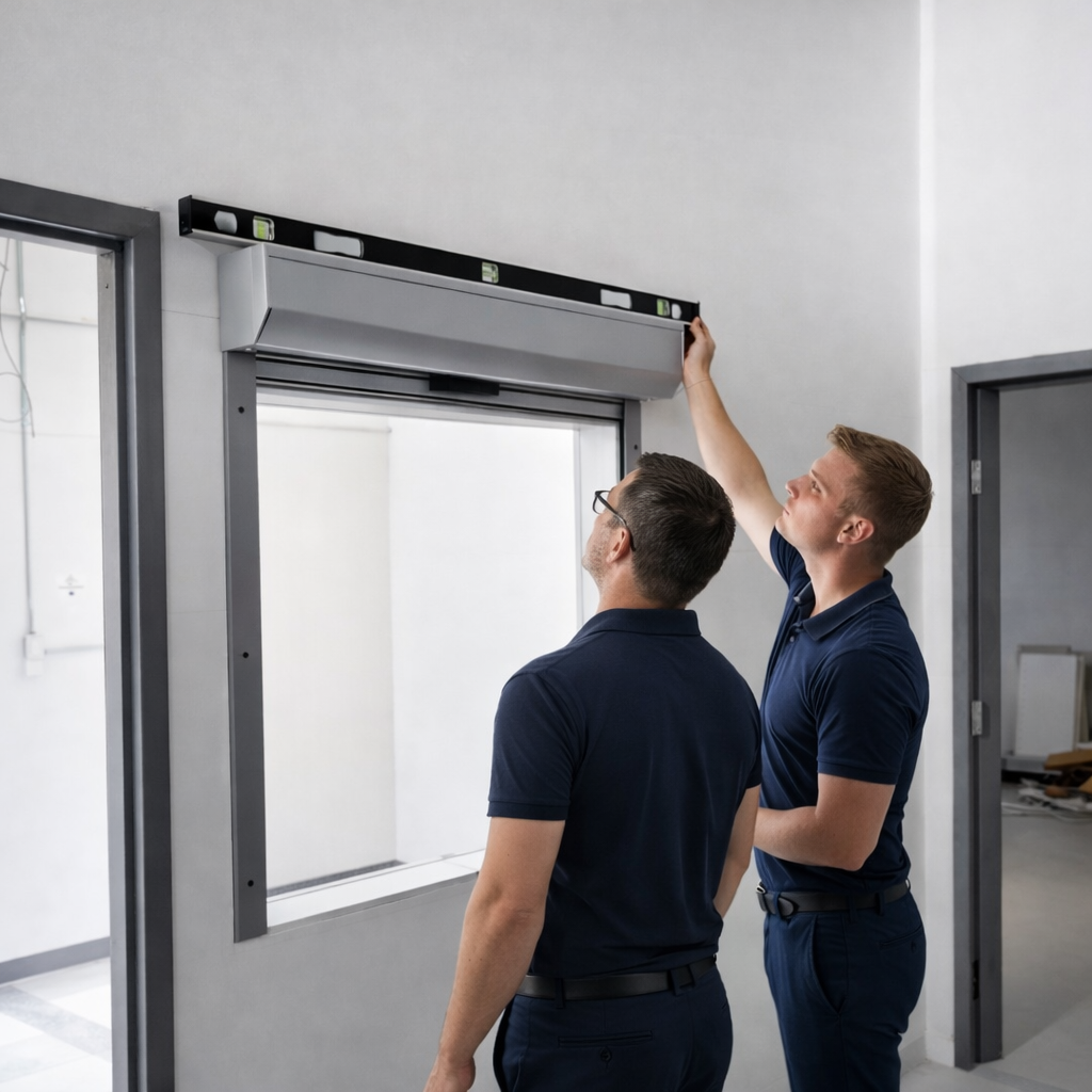 Canada Shutter Pros team installing a roll-up shutter on site