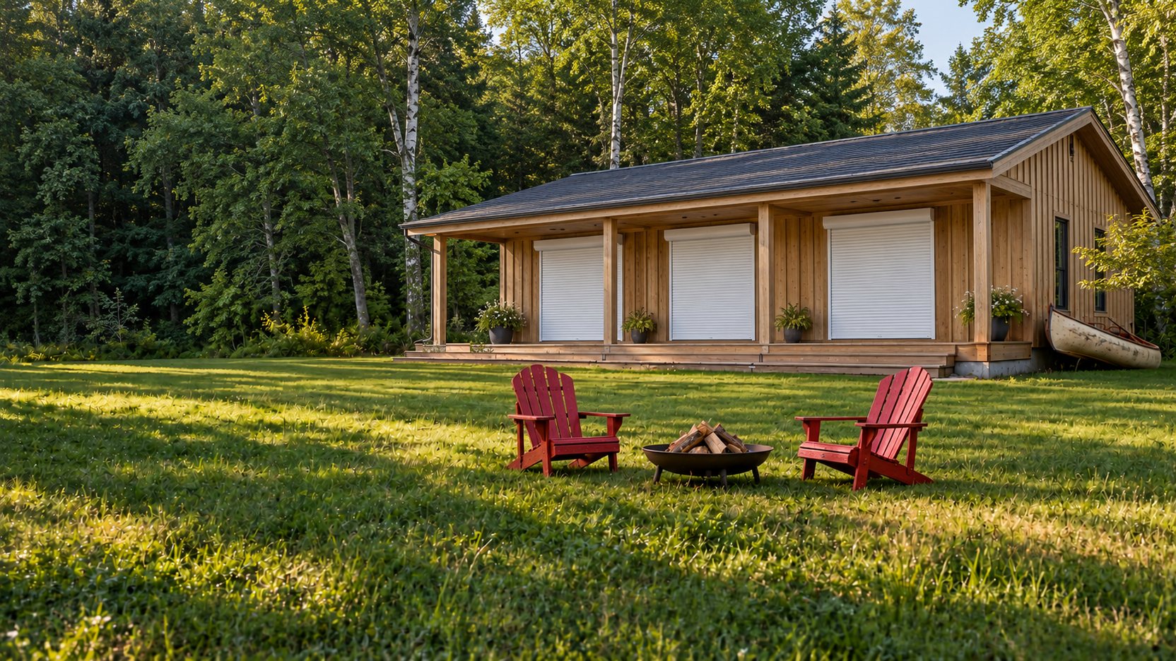 Illustration of a single-storey cedar cottage in a wooded clearing with white roll-up shutters closed over three openings under its porch