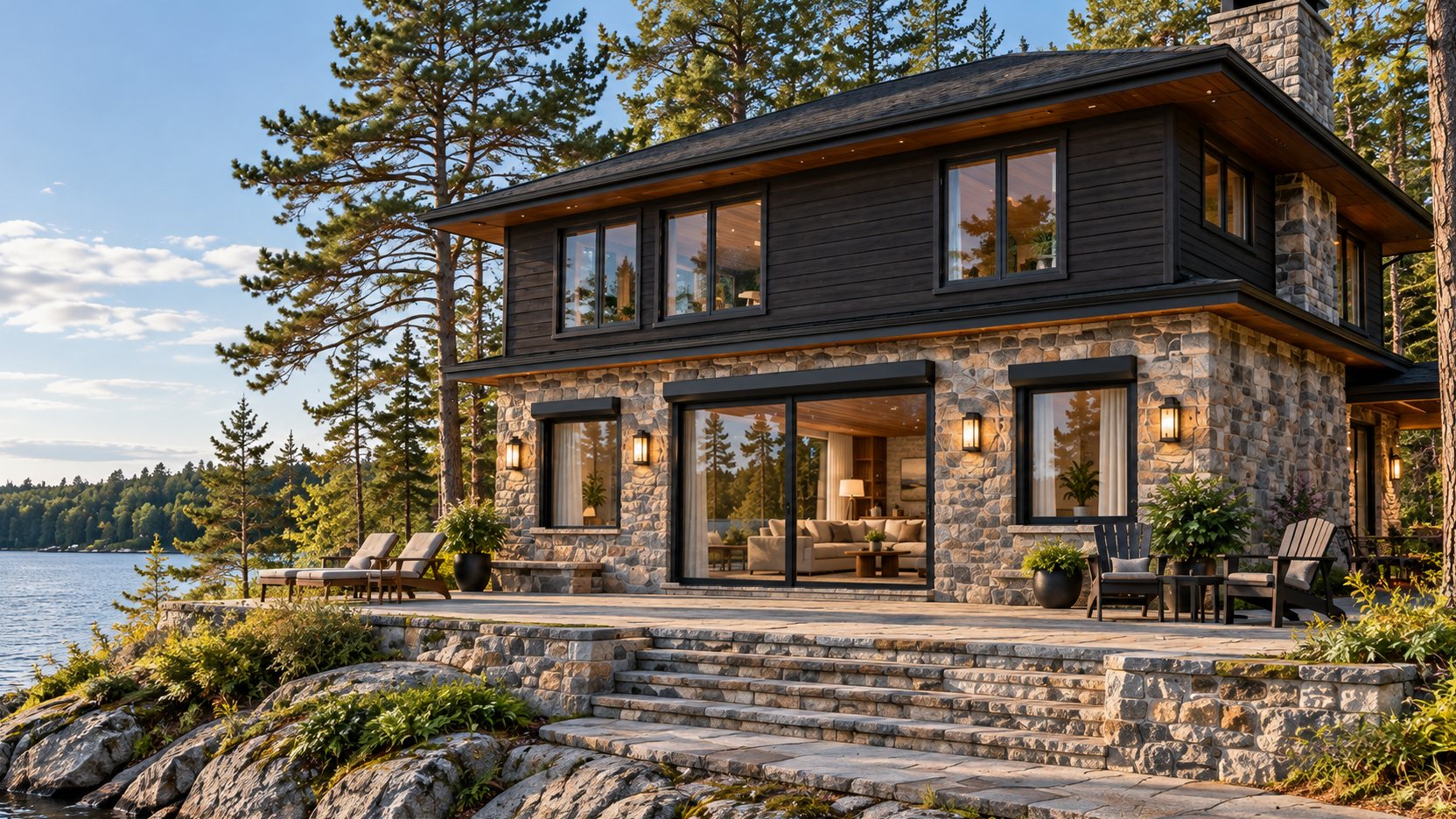 Illustration of a lakeside cottage with its roll-up shutters raised, showing the patio doors and windows