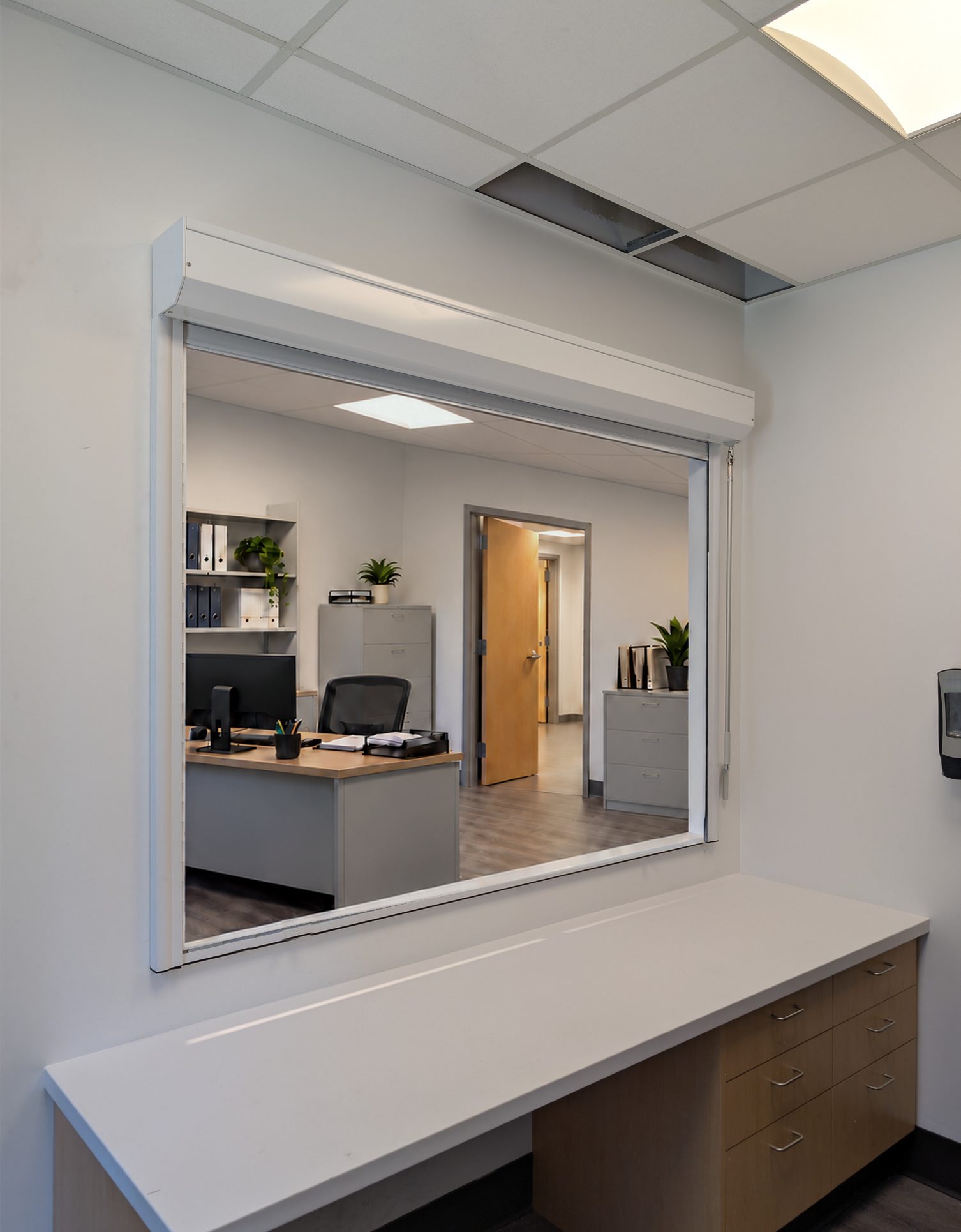 Illustration of a white counter shutter raised above a reception counter with an office behind