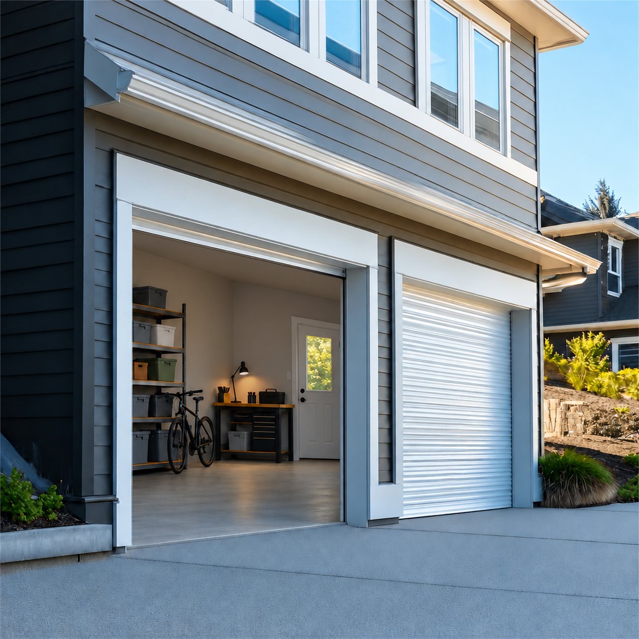 Illustration of a double garage with one white roll-up door open and one closed