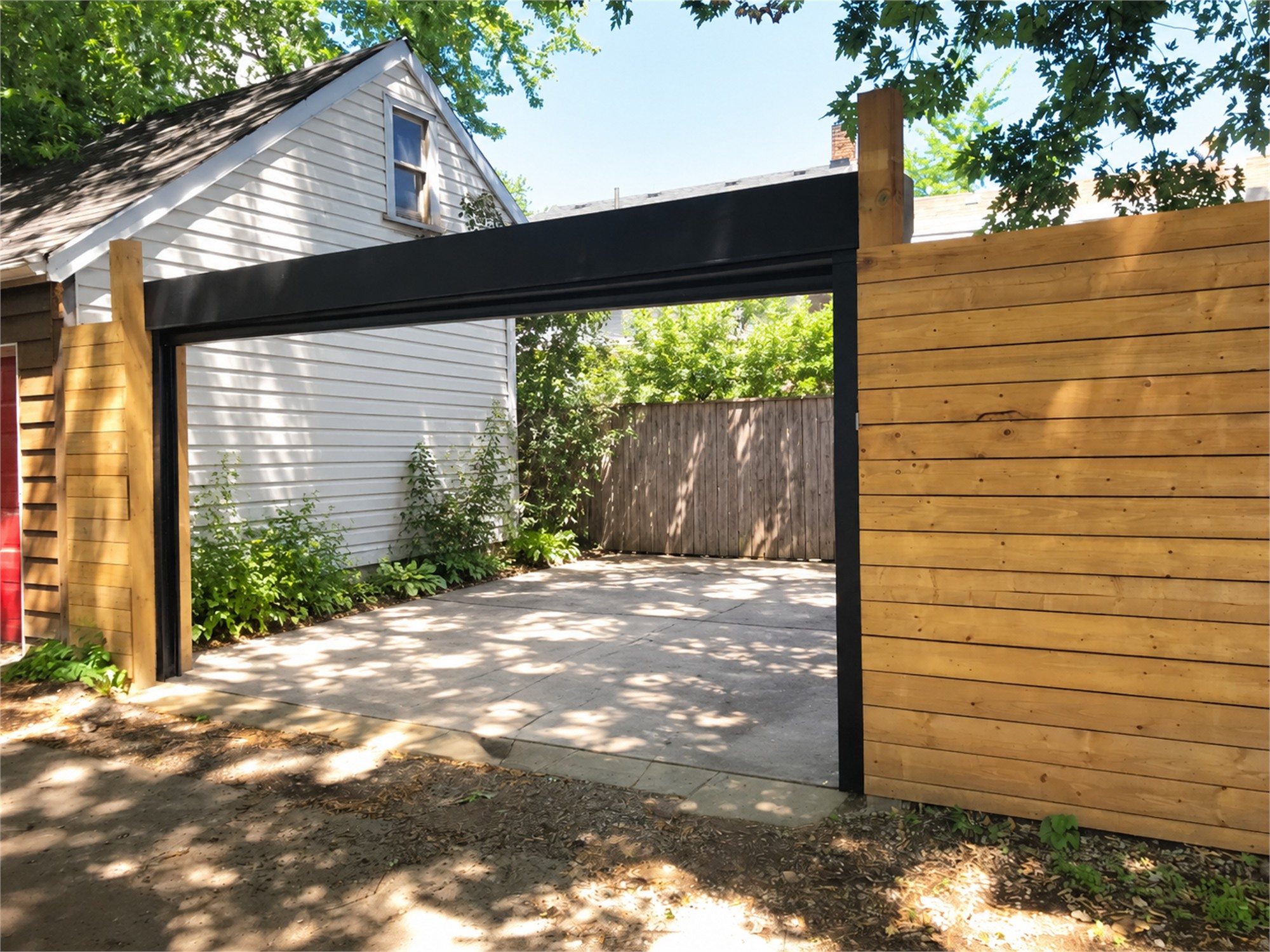 Illustration of a black roll-up laneway door raised to show a parking pad behind a timber fence