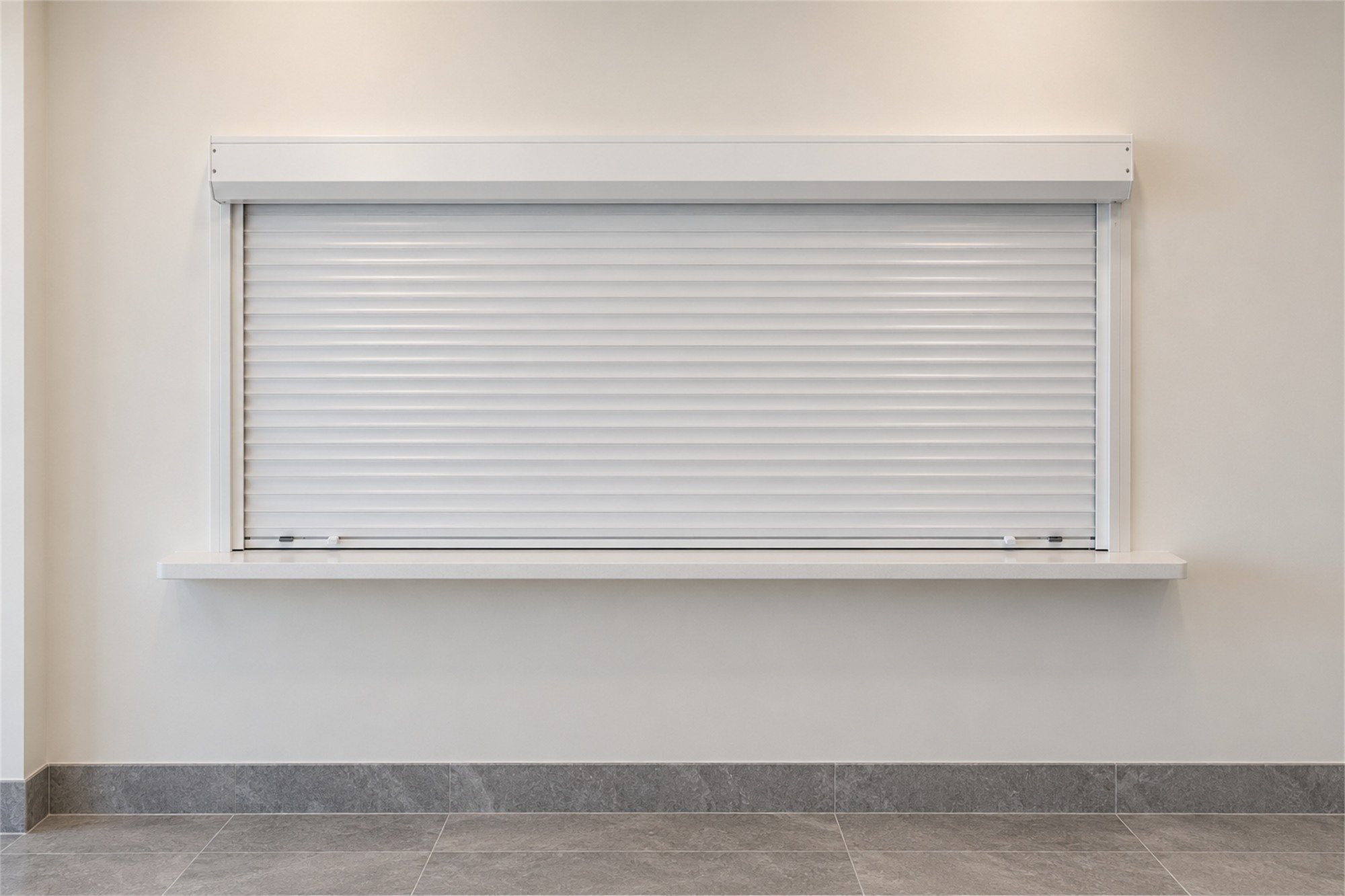 Illustration of the same service counter with the white roll shutter closed and locked