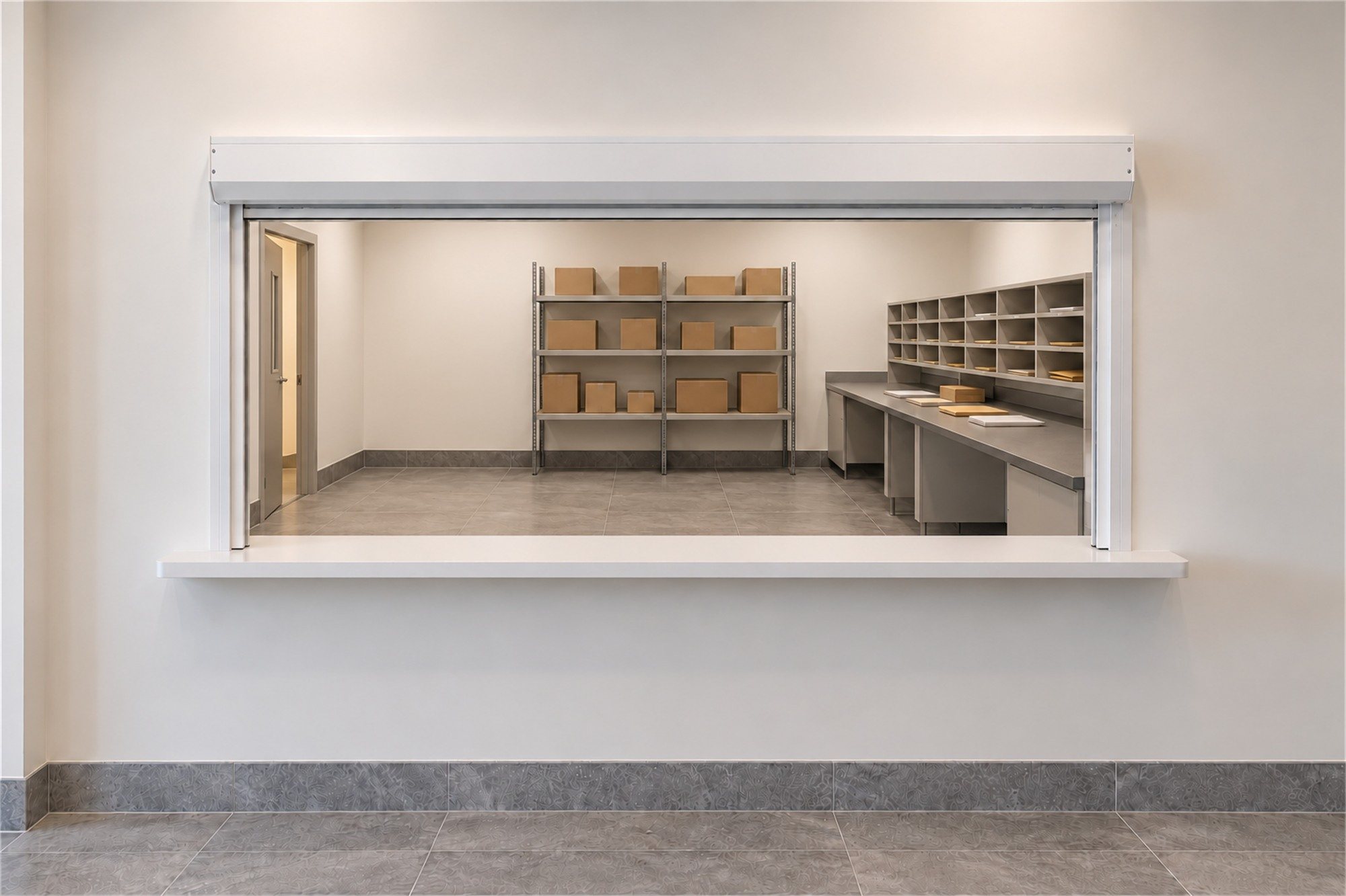 Illustration of a white roll shutter raised into its housing above an open service counter