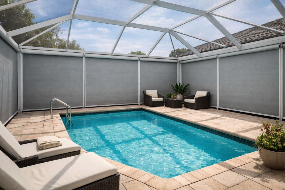 Pool area with privacy screens